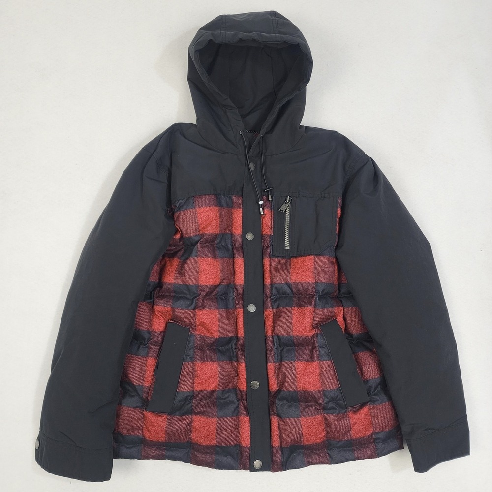 Pendleton Puffer Jacket Mens Large Black Red Plaid Duck Down Snap Front Hooded